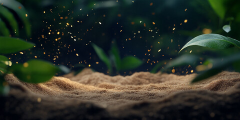 Close-up view of sandy soil surrounded by lush green foliage, with particles of dust illuminated in sunlight, creating a serene and vibrant natural environment