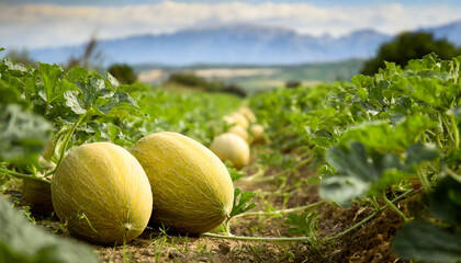 A textured green melon growing in fertile soil surrounded by plants under a clear blue sky