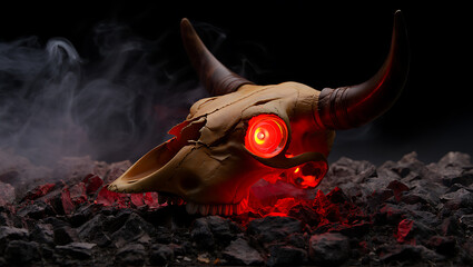 Demonic bull skull with glowing red eyes rests on smoldering embers and dark rocks