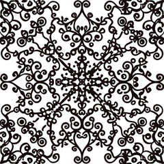 Black and white seamless floral vector pattern with vintage damask ornamentation and leaf silhouettes
