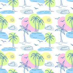 Obraz premium Tropical exotic seamless pattern with doodle palm trees. Abstract vector summer background in blue line art and colorful spots.