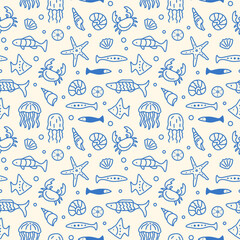 Cute marine life seamless pattern hand drawn in doodle style. Blue abstract linear illustration of underwater animals fish, jellyfish, crab, seashell, starfish.