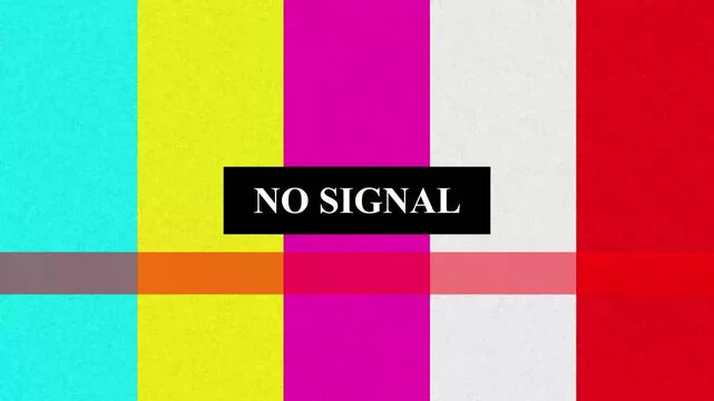 Vintage television static test pattern with "no signal" text against a colorful, retro digital broadcast background.