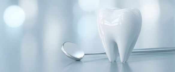 The shiny dental tooth and examination mirror on a bright background.