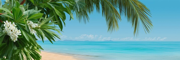 A palm tree is on the beach with a blue sky in the background. The palm tree is surrounded by white flowers
