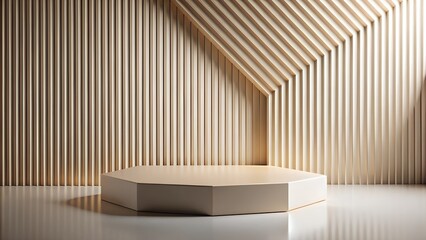 Minimalist hexagonal platform on reflective surface with textured background