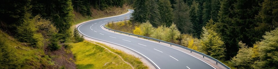 Fototapeta premium A winding road with trees in the background. The road is lined with trees and has a grassy hillside