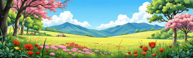 Fototapeta premium Beautiful Spring Landscape Anime Landscape Cartoon Nature Art Illustration