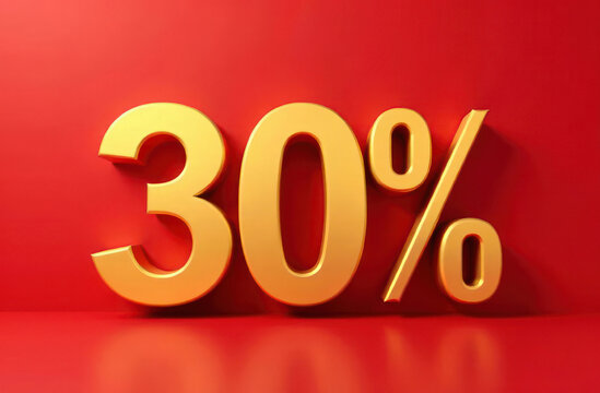 bold golden 30% symbol against vibrant red background. concept of sales and discounts. shopping, retail promotion, print design, online banner. cyber monday, black friday, super saturday