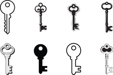 Key Silhouette Line Icons | Black & White Vector Set