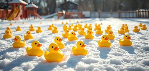 Bright yellow rubber duckies scattered on a snowy playground, winter sun gleaming, playful, sunny