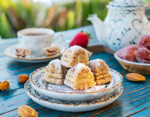 Delicious maamoul cookies on a white embossed plate, blurred teacup and bottle background enhance focus on dessert