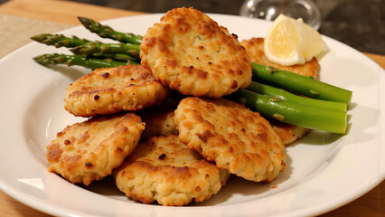 Cooked Dish Chicken Nuggets With Green Asparagus Plate