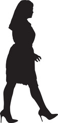 Vector; silhouette side view of female walking and dressed in dress
