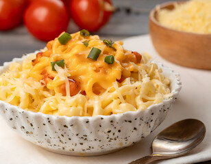 Delicious Cheesy Macaroni Dish Garnished with Green Onion