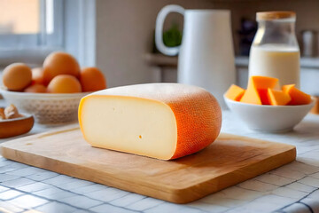 A fresh cut of Mahon cheese displayed elegantly in a modern, sunlit kitchen.