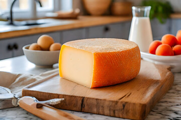 A fresh cut of Mahon cheese displayed elegantly in a modern, sunlit kitchen.