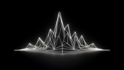 Abstract glowing white wireframe mountain range against a stark black background