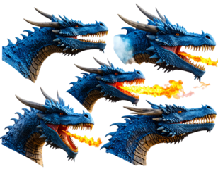 Set Side Profile of Blue Dragon Head Breathing Fire in Angled Stream, isolated on a transparent background png