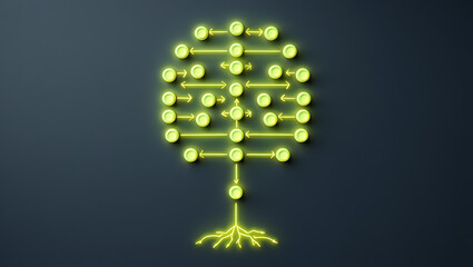 Glowing neon network structure with interconnected nodes and root system
