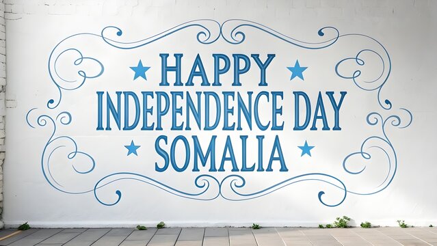 Happy independence day somalia blue text and stars on a white wall