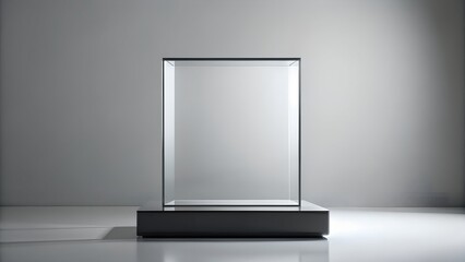 Minimalist glass display case on a dark pedestal with soft lighting
