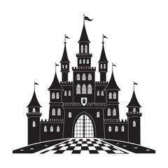 Obraz premium A striking black silhouette of a grand fairytale castle with multiple turrets and flags against a white background