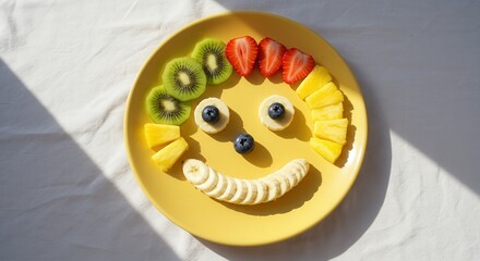 Colorful fruit arrangement creating a smiling face on a plate  