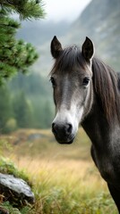 Fototapeta premium Majestic gray horse standing in a lush meadow with mountains in the background during early morning light
