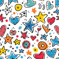 Whimsical fun with a colorful seamless pattern featuring playful hearts, stars, and dots, perfect for backgrounds, textiles, and joyful designs that bring happiness and celebration.