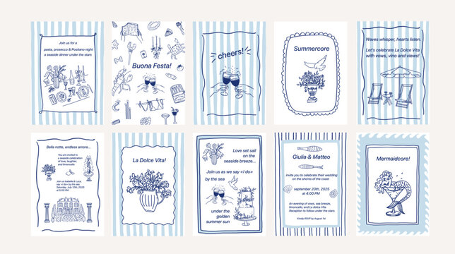 Coastal whimsical hand drawn cards set. Summer mediterranean beach sea border frame. Seaside wedding coquette greeting card template vector illustration