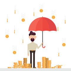 A man stands smiling, holding an umbrella to shield stacks of coins from falling money. Concept for investment protection, savings and financial security.