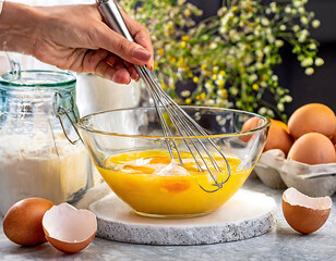 A hand whisking beaten eggs in a clear bowl, the process of preparing ingredients for baking at home
