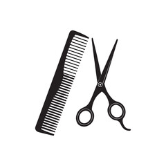 Simple black silhouette of a professional hair cutting scissor and a comb on a white background