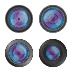 A digital illustration features four camera lens designs, each with a distinct aperture and optical element arrangement. The lenses vary in their color and construction.