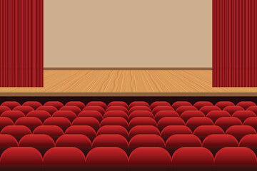 The image shows an empty theater, rows of red seats facing a stage with wooden flooring, a neutral backdrop, and parted red curtains. The scene awaits a show to begin.