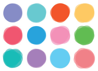A set of twelve colorful, abstract circle shapes arranged against a white background. The circles are transparent and in various shades of colors.