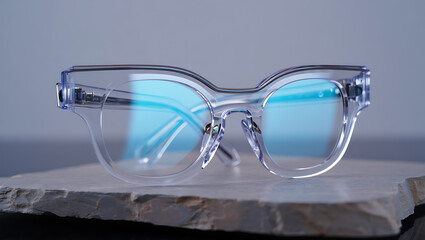 Stylish transparent frame eyeglasses with vibrant blue lenses resting on a textured stone surface