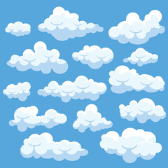 A digitally rendered image showcases an assortment of puffy, stylized white clouds against a vibrant blue sky, evoking a serene and whimsical atmosphere of a sunny day.