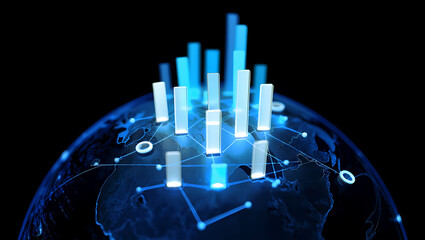Global network connectivity and data visualization with futuristic bar charts on a digital earth