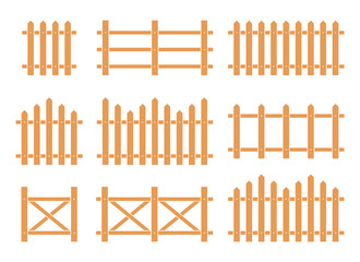 A collection of various fence designs. The fences come in diverse heights and designs, featuring both straight and decorative tops, all rendered in the same wood tone.