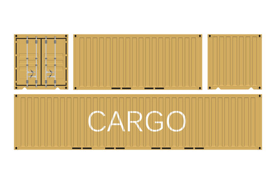 This image presents different viewpoints of a cargo container. The container, painted in a tan hue, features vertical ribs and includes the word "CARGO" on its side.