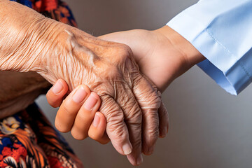 Supportive Connection: Hands of a Young Individual and Elderly Person in a Gesture of Care. The intergenerational support and care symbolized through a simple yet powerful gesture of holding hands