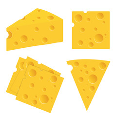 A vector illustration of different shapes of yellow swiss cheese, including triangle blocks and squares, all with characteristic holes, set against a clean white backdrop.