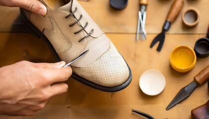 Meticulous Artisan Repairing a Leather Shoe with Precision Tools in a Traditional Workshop Setting