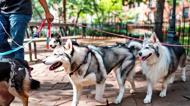 Dog walker guiding happy huskies and other breeds through city park on sunny day