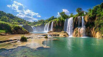 Fototapeta premium Wide-angle view of the Highland waterfalls in Dak Lak