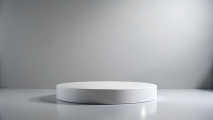 Fototapeta premium Minimalist white cylinder pedestal on a reflective gray surface