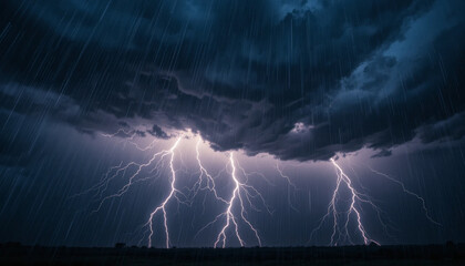 Dramatic lightning strikes illuminate stormy sky, showcasing nature power and beauty