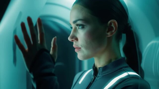 A sad woman in a futuristic suit inside a cryogenic chamber.